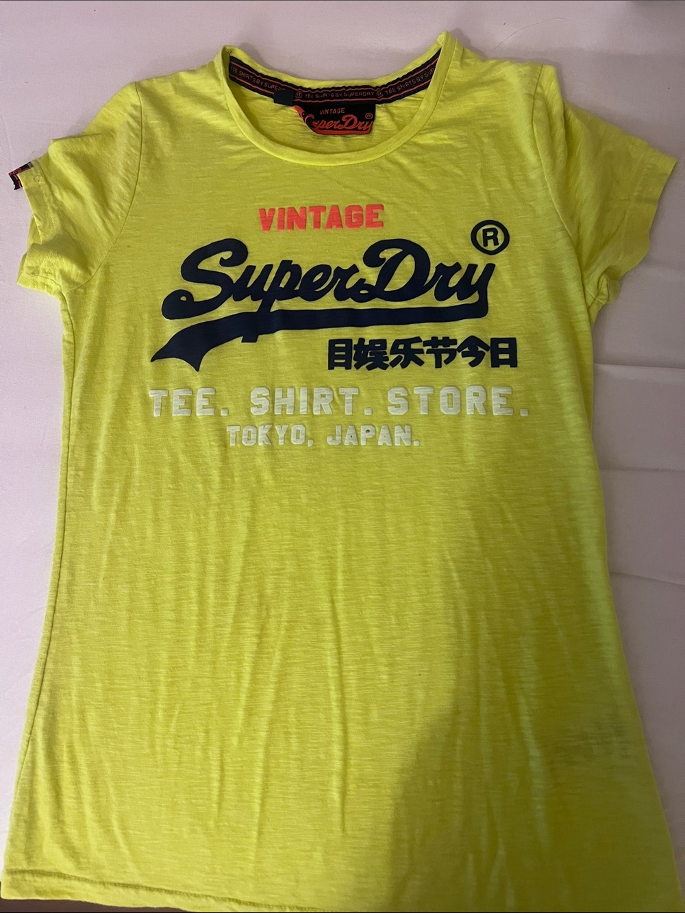 Y2k vintage Superdry Neon Yellow Tee with Navy Script Logo